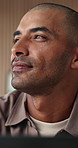 Thinking, happy and man on laptop in office with creative idea for project, review and campaign. Reflection, advertising and person with inspiration for digital marketing, online brand and planning
