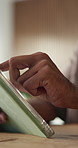 Hands, tablet and typing with project in office, editing and graphic design career at creative company. Person, computer and application for proposal, feedback and web development at digital agency