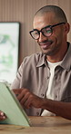 Tablet, smile and business man in office, funny email or review project with design revision. Tech, creative person and happy graphic designer in workplace for typing, laugh and layout feedback