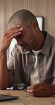 Man, headache and laptop in office with glasses, typing or software development stress for web design. Digital designer, fatigue and migraine in business with spectacles, computer and site test fail.