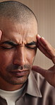 Business, man and discomfort of headache in office from stress, work pressure and burnout fatigue. Tired, person and migraine with brain fog, frustrated employee and vertigo from workload deadline