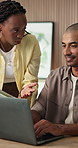 Feedback, manager or employee with laptop in agency, review proposal or advice for website development. Smile, woman and man with pc for web design planning, optimization tips or prototype evaluation