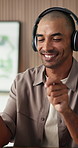 Dance, streaming or man in office with headphones, feeling beat or listening to music playlist. Happy energy, rhythm or male person in agency with tech, air drums or radio subscription on audio app.