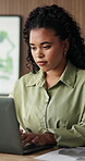 Businesswoman, online and typing with laptop in office, legal assistant and research for case on web. Law firm, paralegal and person with tech for trial preparation, assignment and reading draft