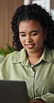 Happy woman, reading and typing with laptop in office, legal assistant and research for case on web. Law firm, paralegal and person with tech for trial preparation, online and laughing with project