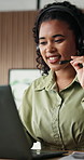 Telemarketing, laptop and happy woman with headset in office, discussion and lead generation on web. Call center, representative and person with mic for communication, smile or consultation for sales