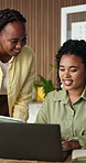 Feedback, manager or employee with tech in agency, review proposal or advice for website development. Smile, planning guidance or women with laptop for web design tips, prototype evaluation or tablet