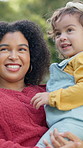 Outdoor, mother and girl with smile, funny and bonding together with holiday, support and calm. Family, mama and daughter with happiness, care and parent with growth development, kid and wellness