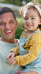 Dad, face and girl with smile at park with embrace, care and connection with bonding in summer. People, father and toddler child with relationship, outdoor or daughter with happy family in Colombia