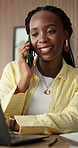 Office, phone call and happy woman with laptop, talk and financial advice for contact with research. Wealth manager, smile and black person with mobile for chat, risk management and investment review
