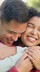 Smile, hug and couple in nature with love, care and bonding on outdoor date together on holiday. Happy, trust and man embrace woman for connection in marriage with commitment on anniversary vacation.