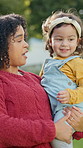 Outdoor, mother and girl with smile, talking and bonding together with holiday, support and relax. Family, mama and daughter with happiness, love and parent with growth development, kid and speaking