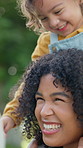 Funny, mother and girl in park, piggyback and bonding together with holiday, smile and baby. Laughing, mama and daughter with humor, love and playing with growth development, youth and trust