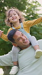Outdoor, father and girl with happiness, piggyback and bonding together with holiday, care and funny. Laugh, dad and daughter with game, flying and playing with growth development, child and humor