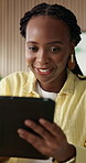 Tablet, smile and black woman in office, creative project and laugh with feedback for logo design. Technology, funny person and graphic designer in business, reading layout or brand identity research
