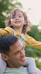 Outdoor, father and girl with smile, piggyback and bonding together with holiday, support and calm. Family, dad and daughter with happiness, care and playing with growth development, kid and wellness