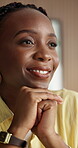 Real estate, smile or black woman in agency with thinking, planning or inspiration on closing deal. Happy, mindset or realtor with reflection, listing opportunity or daydream on property investment.