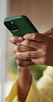 Hands, phone and texting with contact at startup, typing and project for graphic design job in office. Person, developer and scroll for proposal, feedback and chat with mobile app at digital agency