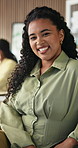 Face, laughing and pride with business woman in boardroom for career, development or meeting. About us, confidence and opportunity with funny employee in workplace for collaboration or satisfaction