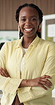 Arms crossed, face and laughing with business woman in boardroom for career, development or meeting. About us, opportunity and pride with funny employee in workplace for collaboration or satisfaction