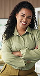 Arms crossed, face and funny with business woman in boardroom for career, development or meeting. About us, opportunity and pride with employee laughing in workplace for collaboration or satisfaction