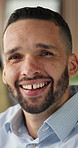Face, happy and businessman in office with job satisfaction, pride and opportunity for marketing agency. Confident, person and smile with career growth, ambition and about us for advertising company.