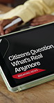 Hands, person and meeting with tablet screen in office for breaking news, rumors and public doubt. Team, digital or story headline on citizens question whats real, media skepticism and misinformation