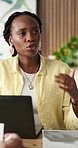 Black woman, meeting and planning with laptop for project discussion, strategy or ideas in office. Female person, employee or explaining brief with computer for company agenda or tasks in workplace