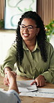 Happy woman, meeting and documents handshake for agreement or onboarding project in office. Excited, female person or shaking hands with business clients for company ideas or contract in workplace