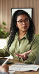 Laptop, team or businesswoman talking in meeting for social media marketing, analysis or idea. Computer, discussion or person in office for advertising suggestion, engagement traffic or data planning