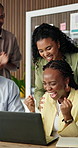 Happy, business people or winning with applause on laptop for good news or success in office. Excited, group or colleagues with smile, high five or celebration on computer for team promotion or bonus