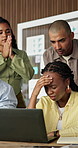Woman, team and laptop with mistake in office for crisis, market crash or stress at investment company. Business people, group and broker with bad news, announcement or lost revenue at finance agency
