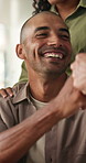 Happy man, winning or fist bump with team in office for promotion, project achievement or bonus. Excited, male person or thank you with smile or group for good news, business success or celebration