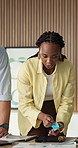 Business, woman and talk with sticky notes in meeting for planning, finance tips and budget report. People, discussion and document with teamwork, financial audit and information for funding proposal