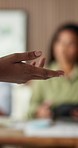 Development, explain and hand of business person in boardroom for coaching, feedback or presentation. Meeting, speech and workshop with employee speaking in workplace for upskill seminar or training