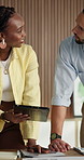 People, review and advice in office with tablet, design partnership or discussion for web development. Digital designer, team and talk in business with tech, programmer opinion or idea for site test.