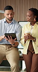 Creative, people and meeting in office with tablet, coffee or design partnership for web development. Digital designer, team and discussion in business with tech, beverage or programmer for site test
