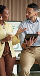 People, meeting and tablet in office with coffee, partnership and software suggestion for web design. Digital designer, team and discussion in business with tech, beverage or programmer for site test