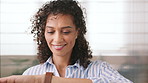 Happy woman, laughing or checking with watch for business schedule, appointment or setting time. Female person, wristwatch or positive attitude with smile for optimization, productivity or efficiency