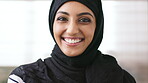 Happy, face and Muslim woman with hijab, makeup and confident with beauty glow or natural cosmetics. Islamic, religion and person with headscarf for culture, shine and laugh with eyeshadow in Somalia