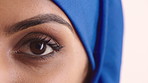 Face, eye and woman in studio, vision and glaucoma assessment for eyesight health. Portrait, person and optometry test with closeup, ophthalmology wellness and contact lenses on white background