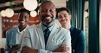 Crossed arms, happy and face of business people in office with confidence for legal collaboration. Team, professional and portrait of attorneys with smile and pride for company about us in workplace.