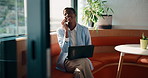 Black woman, phone call and happy with laptop at cafe for remote work, feedback or talk for proposal. African person, computer and virtual assistant with contact, notes and project at coffee shop