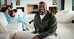 Face, laugh and man with family in home living room for comfort, happiness and relax on weekend. Father, children and confident in house to chill with security, wellness and portrait on lounge sofa