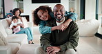 Face, dad and daughter in living room with hug, family bonding together and connection for weekend. Happy, African people and man in home with girl child, embrace and love parent for fathers day.