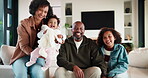 Love, parents and kids in home with face, bonding together or unity in healthy relationship. Smile, portrait or African people on sofa with baby, family connection or happy moment in living room.