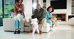 Baby, walking and applause in house with family for first steps, balance support and proud moment. Development, parents and daughter or toddler achievement, celebrate and happiness for milestone