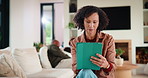 Tablet, thinking and mother in home for remote work, article idea or inspiration for newsletter. Digital tech, copywriter and freelancer woman in living room for planning, story editing or feedback