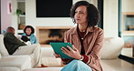 Tablet, planning and mother in home for remote work, article idea or inspiration for newsletter. Digital tech, copywriter and freelancer woman in living room for typing, story editing or feedback