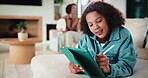 Family, writing or girl with tablet on sofa, elearning or homework project for knowledge development. Home, people or happy child with tech for assignment research, online course app or study notes